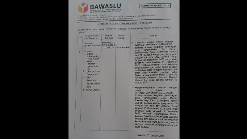 Bawaslu Jakpus Putuskan Gibran Langgar Pergub DKI Jakarta Buntut Bagi-bagi Susu di CFD Jakarta
