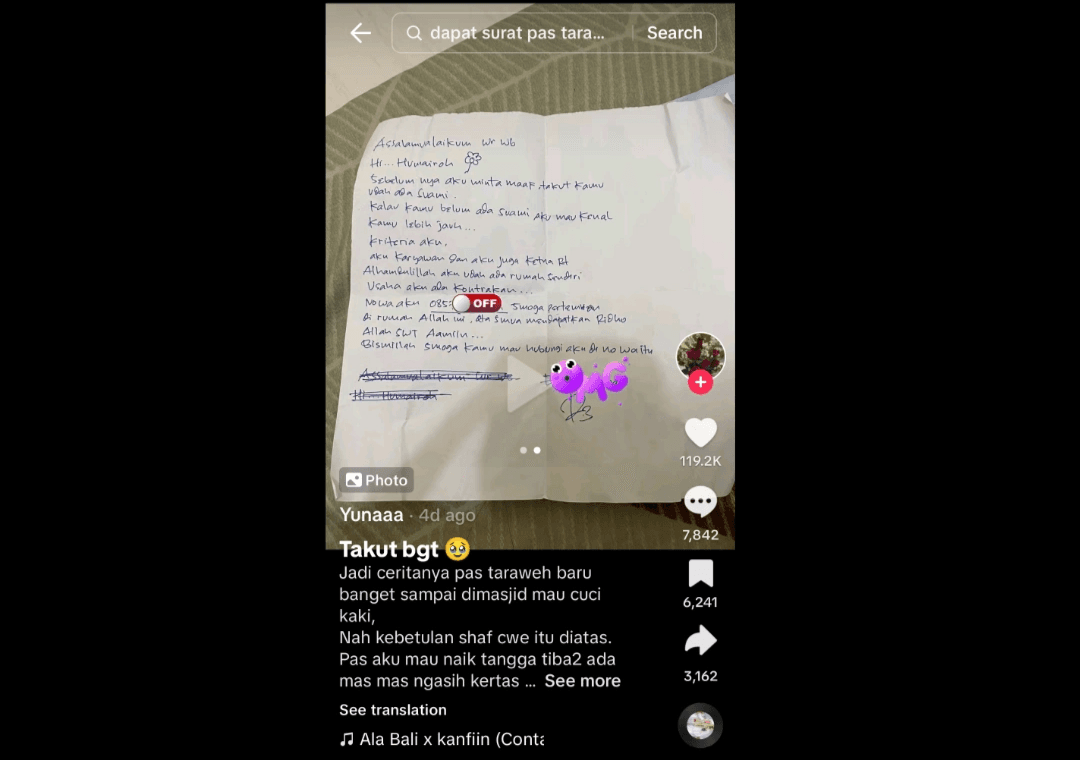 Viral Seorang Wanita dapat Surat Cinta dari Ketua RT saat Tarawih