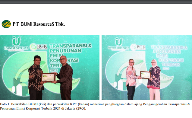 Soal Penurunan Emisi, BUMI Borong 4 Penghargaan Prestisius dari Investor Trust dan BGK