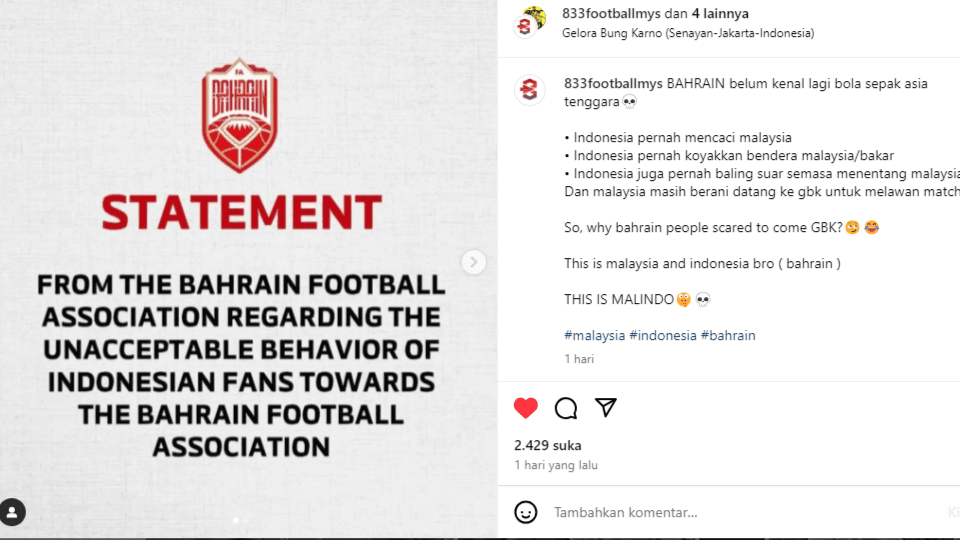 Akun Medsos Malaysia Ledek Bahrain: Bendera Kami Dibakar, tapi Kami Datang ke GBK!