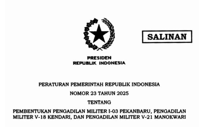 Prabowo Teken PP Pembentukan Lima Pengadilan Militer Baru, Akses Keadilan Prajurit TNI Diperkuat