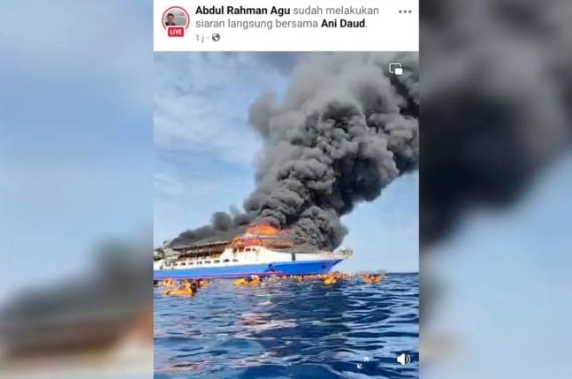 KM Barcelona 5 Terbakar di Perairan Minahasa Utara, Penumpang Terlihat Mengapung di Laut