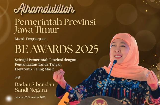 Jatim Raih Be Award 2025, Khofifah Tegaskan Komitmen Jadi Pelopor Pemerintahan Digital Aman dan Efisien