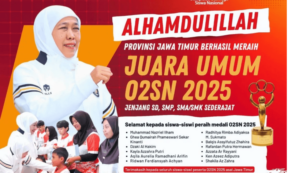 Jawa Timur Raih Juara Umum O2SN 2025, Kumpulkan 12 Medali dari Semua Jenjang Pendidikan