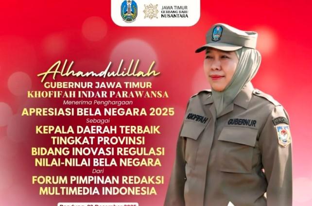 Khofifah Terima Penghargaan atas Inovasi dalam Promosi Nilai Bela Negara