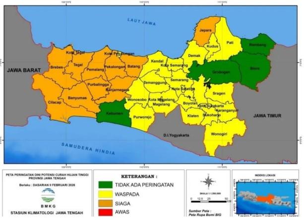 BMKG Minta Warga Jateng Waspada Hujan Deras hingga 20 Februari, Sejumlah Wilayah Berstatus Siaga