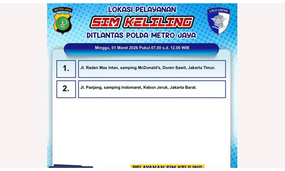 Hari Ini SIM Keliling Hanya Tersedia di Dua Lokasi di Jakarta
