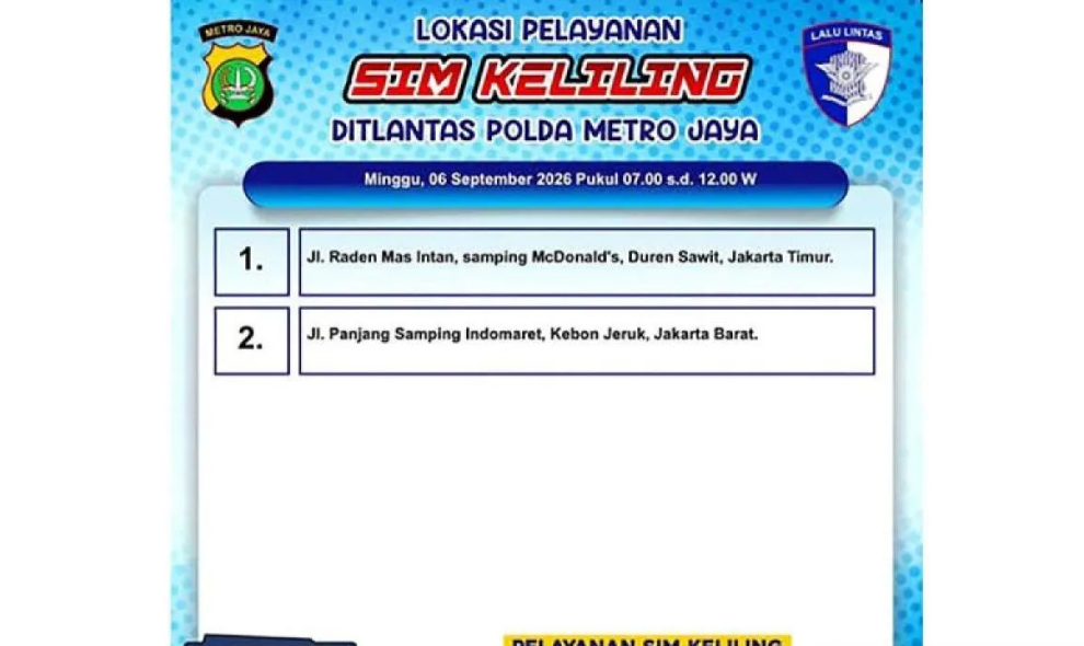 Polda Metro Jaya Buka Layanan SIM Keliling di Dua Lokasi Jakarta pada Minggu, 6 September 2026