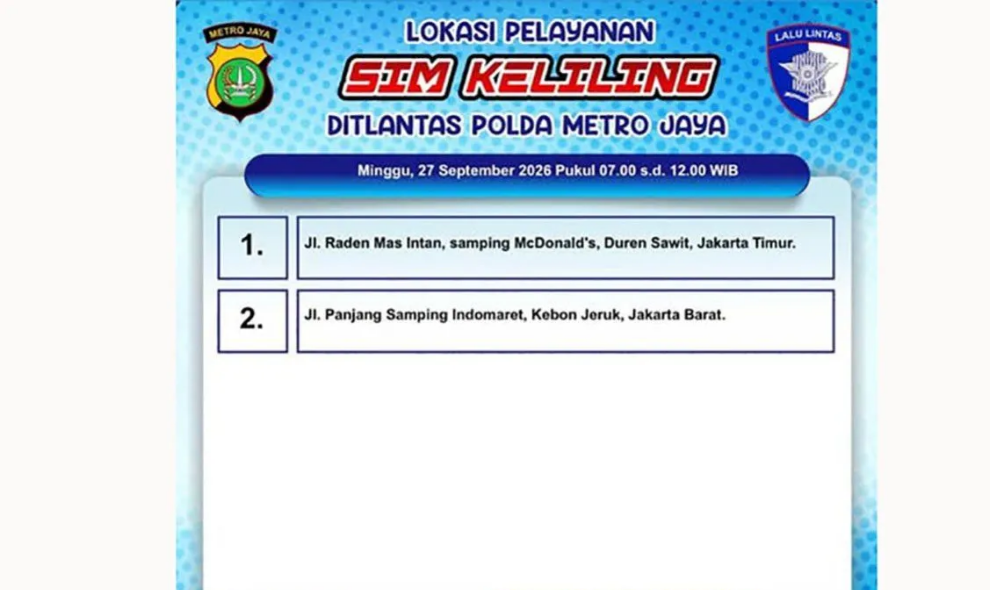 Polda Metro Buka SIM Keliling di Dua Lokasi Jakarta Minggu Ini