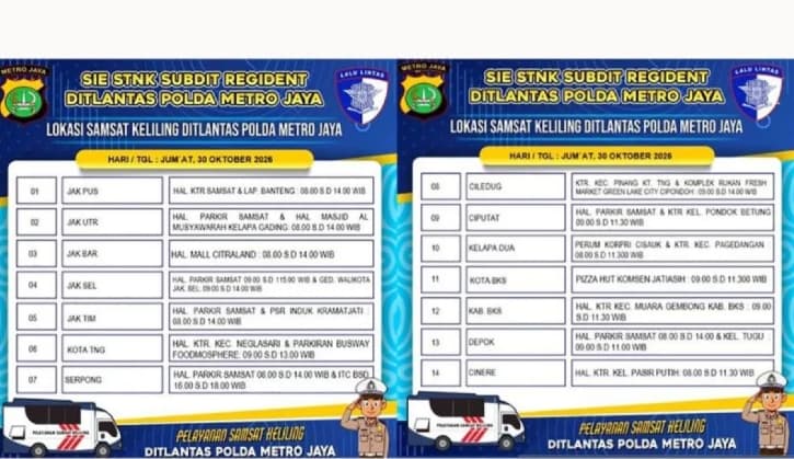 Polda Metro Jaya Buka Samsat Keliling di 14 Wilayah Jadetabek Jumat 30 Oktober 2026