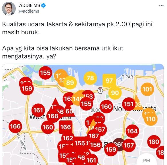 Addie MS Posting Peta Jakarta dengan Udara Kualitas Buruk pada Jam 2 Dini Hari