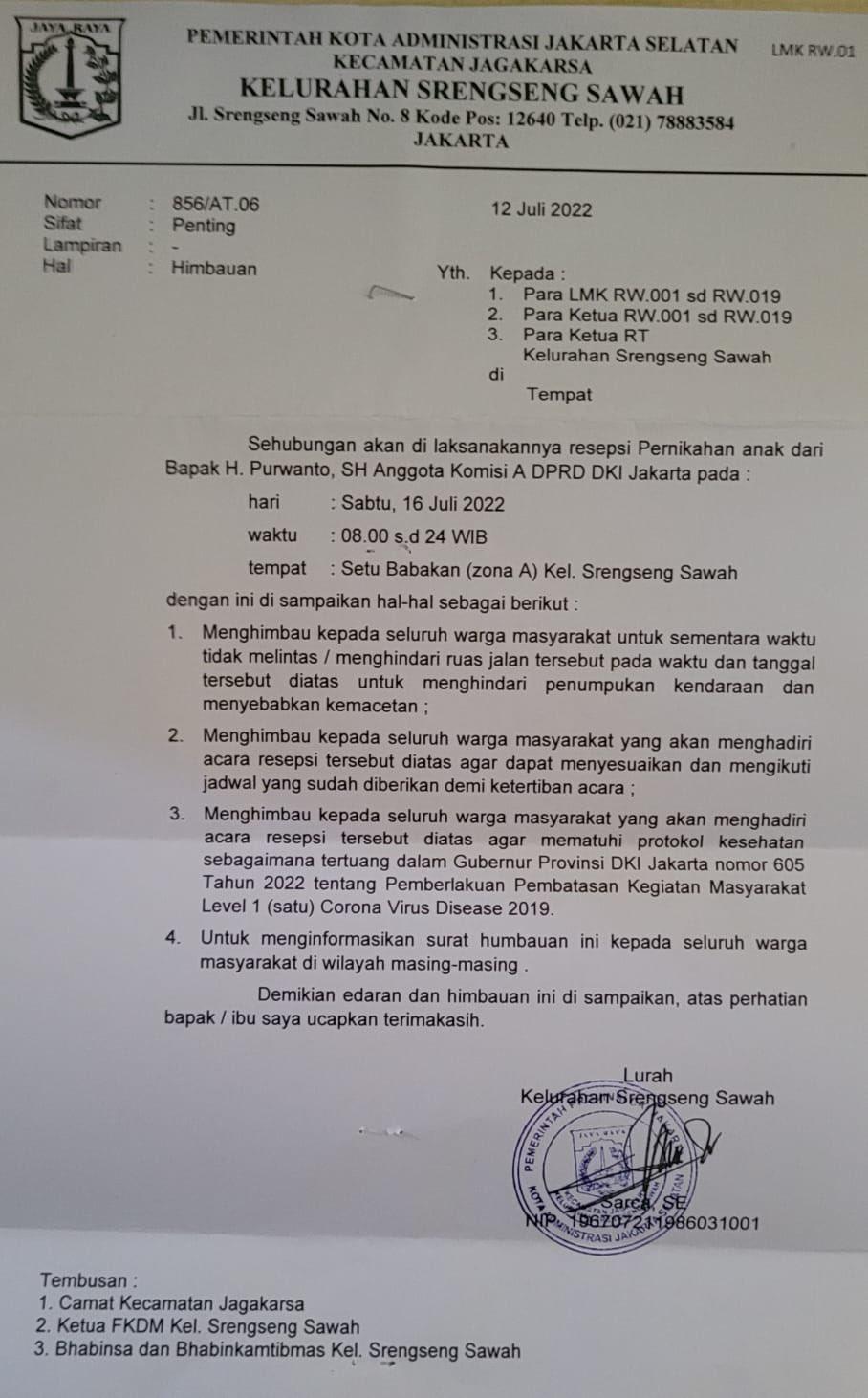 Viral Surat Edaran Rencana Tutup Jalan Demi Resepsi Anak Anggota DPRD DKI Jakarta, Netizen: Enggak Mampu Sewa Gedung?