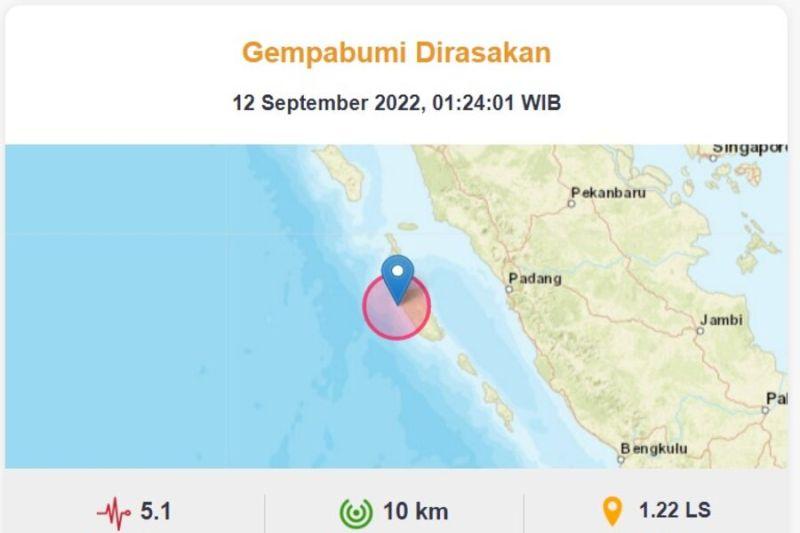 Gempa Magnitudo 5,1 Guncang Mentawai Sumatera Barat