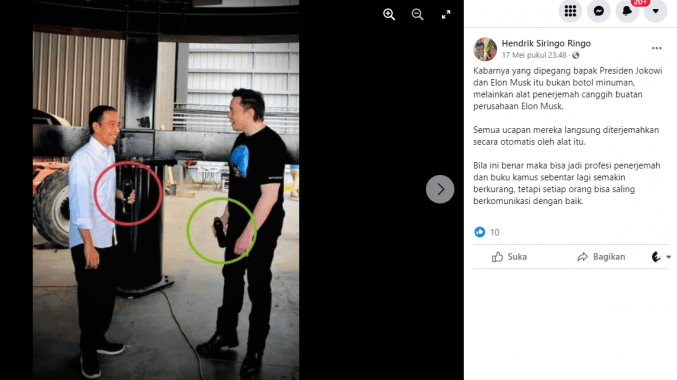 Botol Minum yang Dipegang Jokowi saat Ngobrol dengan Elon Musk adalah Alat Penerjemah Canggih, Cek Faktanya