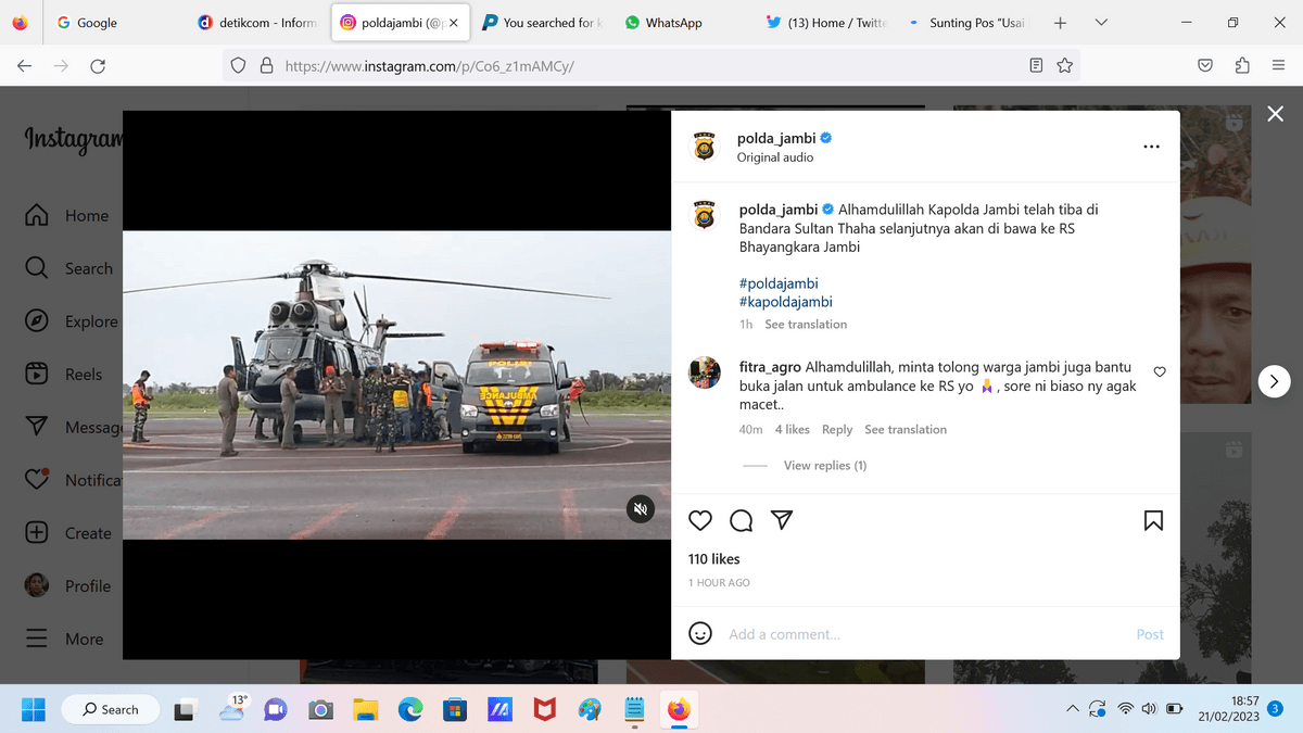 Usai Dievakuasi, Kapolda Jambi Langsung Dibawa ke RS Bhayangkara