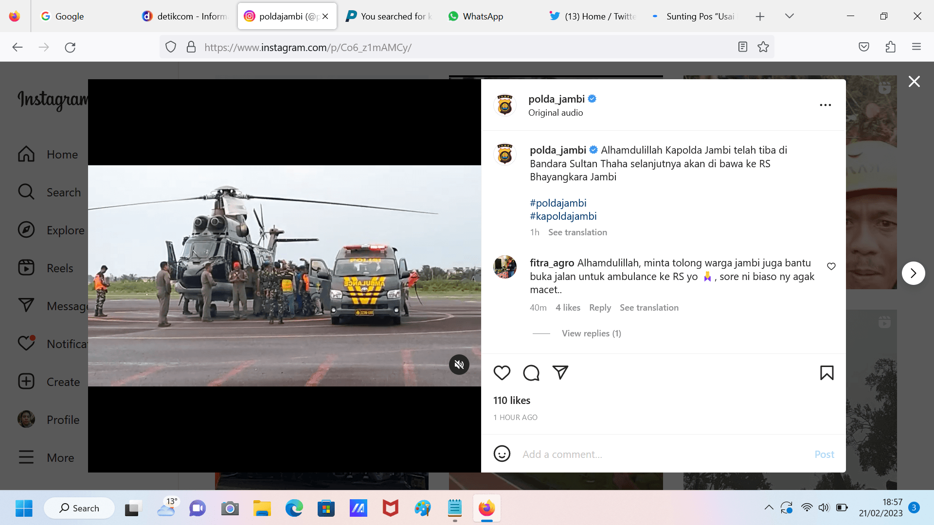 Usai Dievakuasi, Kapolda Jambi Langsung Dibawa ke RS Bhayangkara