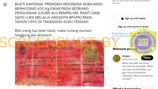 Foto Kuitansi Bukti Soekarno Utang 400 Kg Emas kepada Pengusaha Aceh, Cek Faktanya