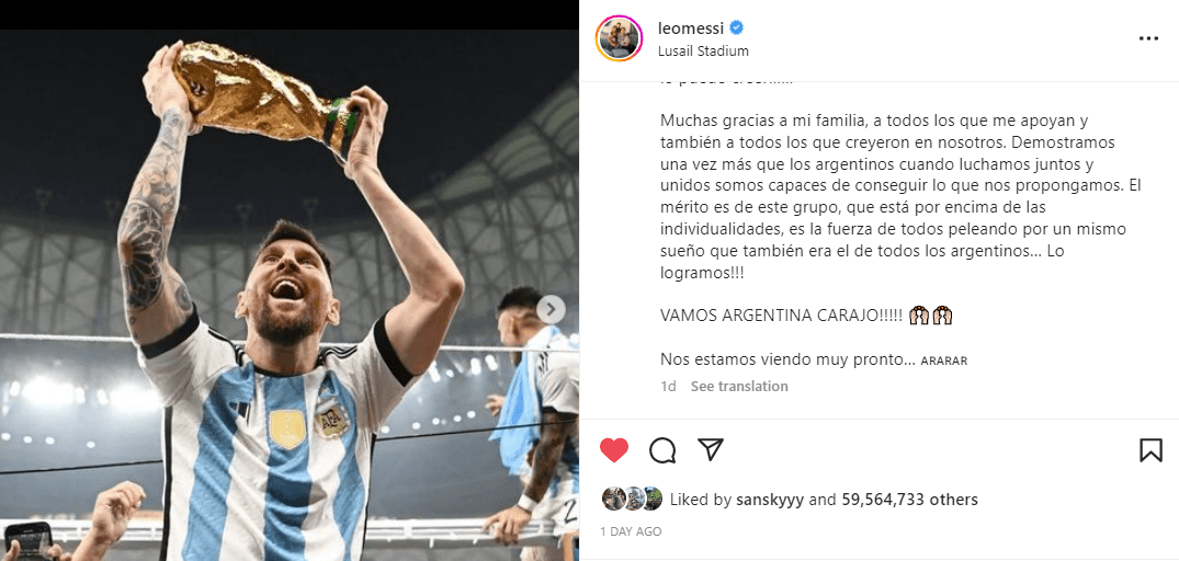 Messi Pecah Rekor Lagi, Kali Ini Like Terbanyak di Instagram Hampir 60 Juta Disukai