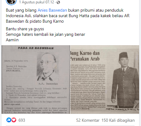 Surat Bung Hatta Puji Keturunan Arab di Indonesia ke Kakek Anies Baswedan, Cek Faktanya