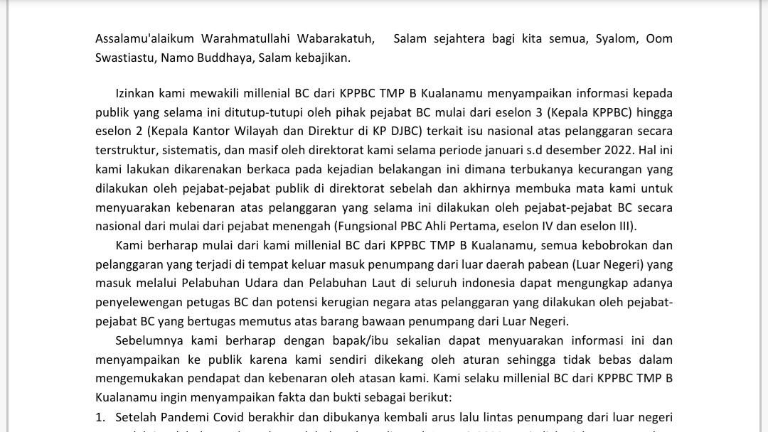 Geger Surat Milenial Bea Cukai Kualanamu, Lapor Warga Kelakuan Bobrok Seniornya