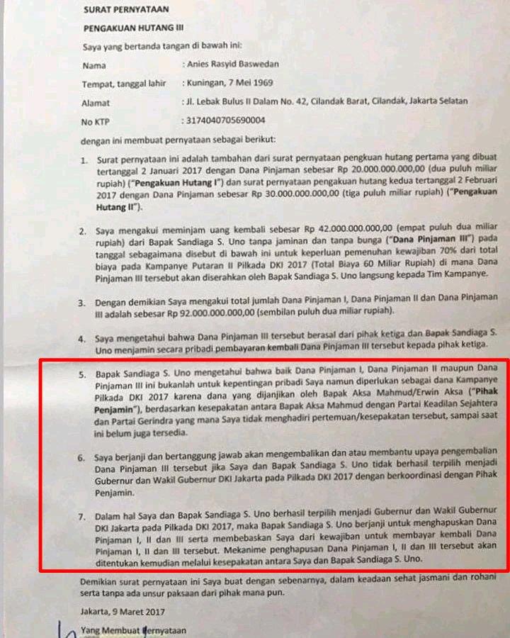 Surat Perjanjian Utang Anies di Pilkada DKI Beredar, Total Rp 92 Miliar