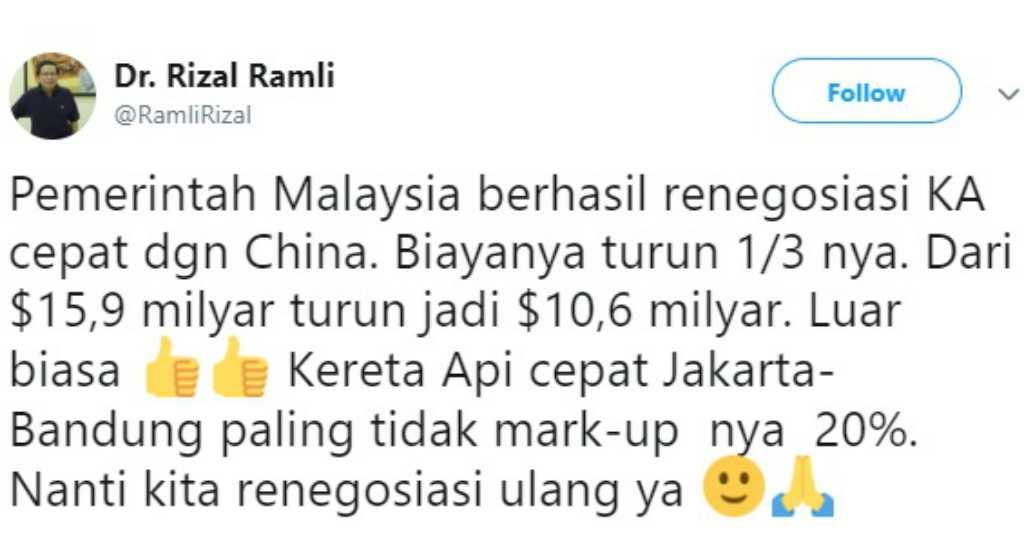 Rizal Ramli Soal Kereta Cepat JKT-BDG: Mark Up Paling Tidak 20 Persen