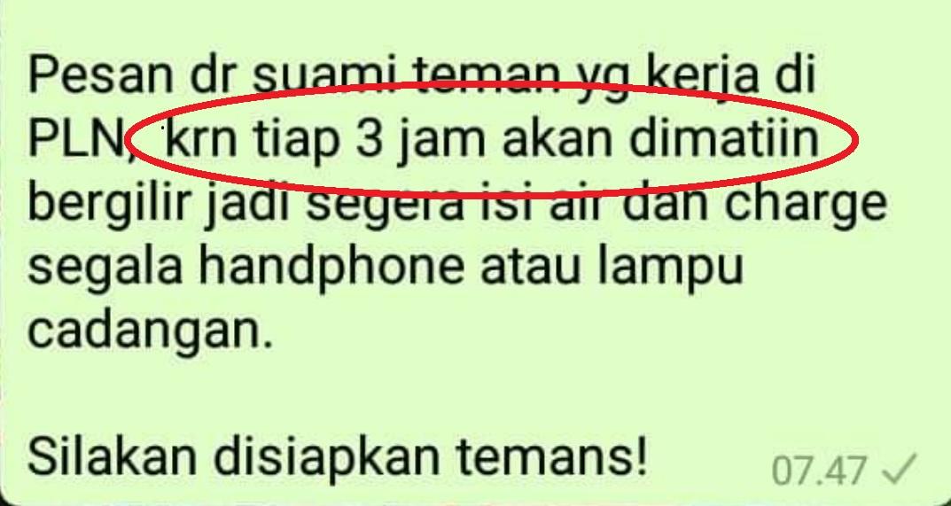 Hoax Pesan Berantai Pemadaman Listrik Bergilir per 3 Jam