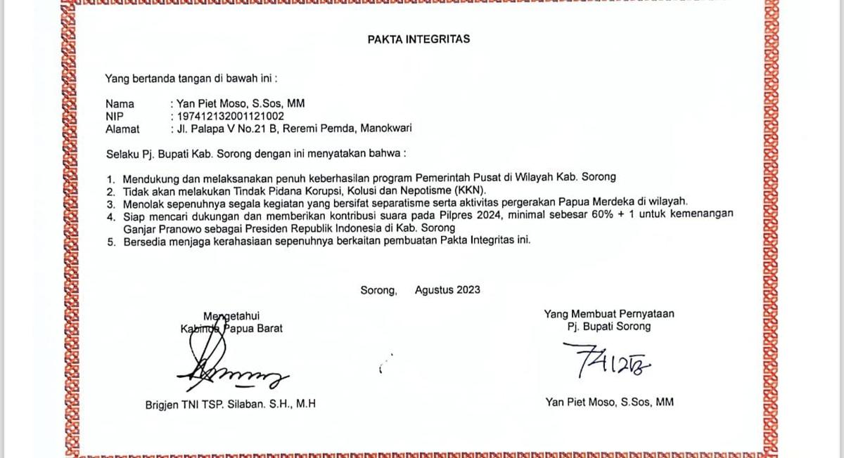 Temuan Pakta Integritas Pj Bupati Sorong Buka Aib PDIP Sendiri