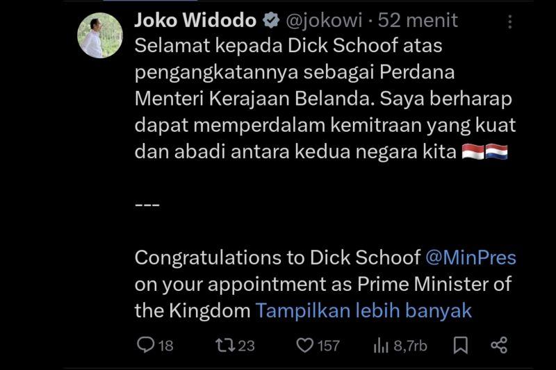 Kala Jokowi Beri Selamat ke PM Belanda Dick Schoof, Harap Perkuat Kemitraan