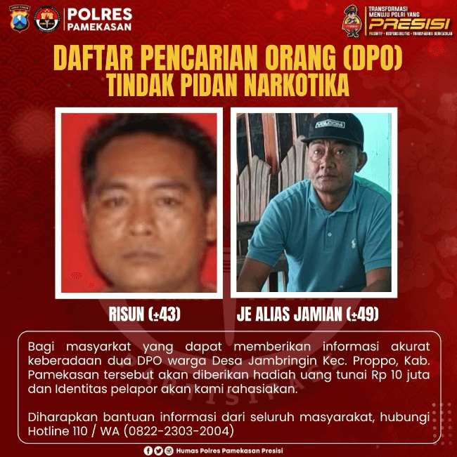 Polisi Sediakan Hadiah Rp10 Juta Bagi Informan Dua DPO Narkoba di Pamekasan