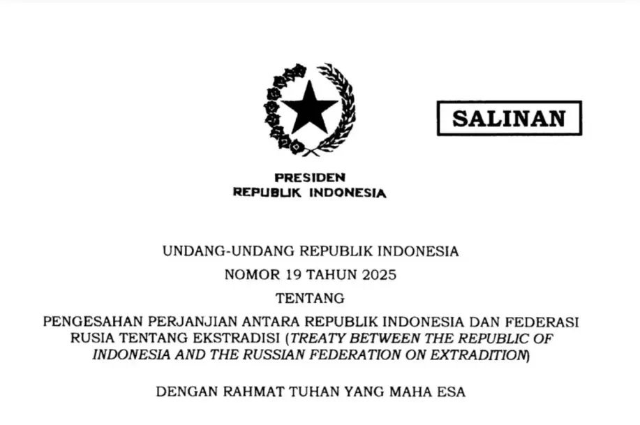Presiden Prabowo Sahkan Perjanjian Ekstradisi RI-Rusia Lewat UU Nomor 19 Tahun 2025