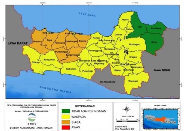 BMKG Tetapkan Tujuh Kabupaten di Jateng Siaga Hujan Tinggi pada Dasarian III Februari 2026