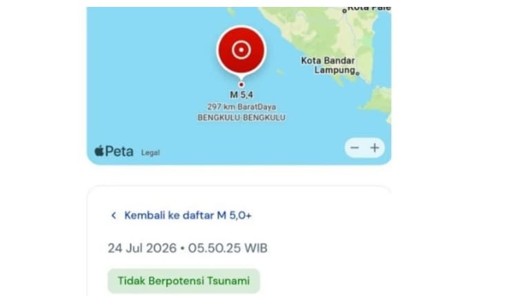 Gempa Magnitudo 5,4 Guncang Perairan Barat Daya Pulau Enggano, BMKG Pastikan Tak Berpotensi Tsunami
