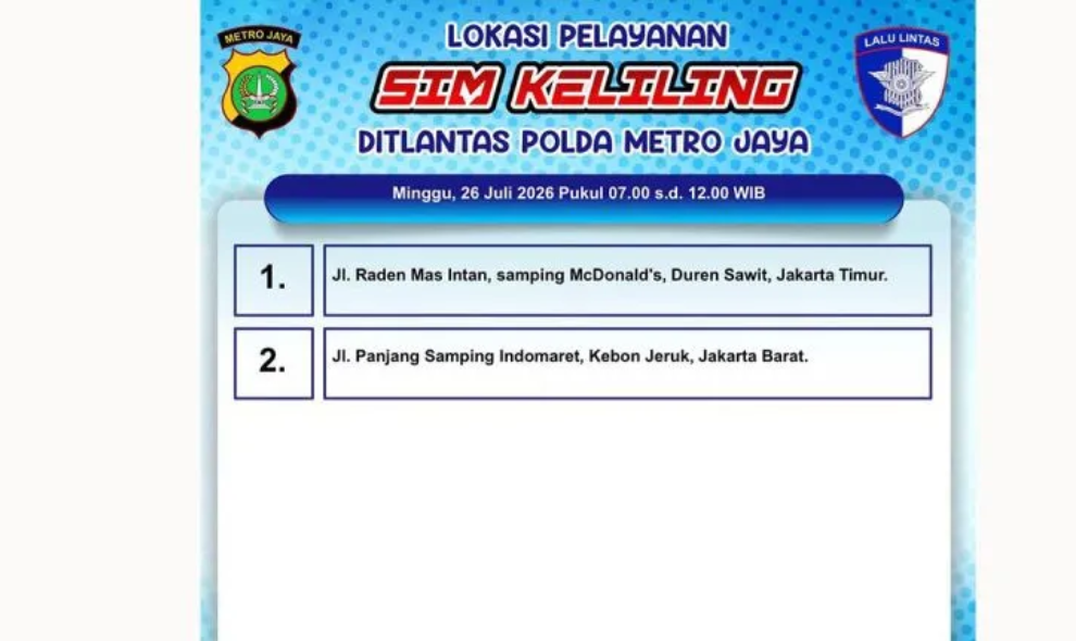 Polda Metro Jaya Sediakan Layanan SIM Keliling di Dua Lokasi Jakarta pada Minggu (26/7/2026)