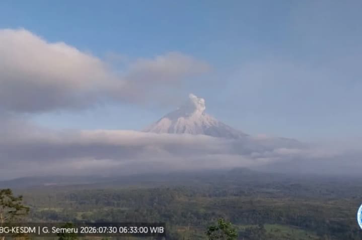 Gunung Semeru Erupsi dengan Kolom Abu Setinggi 700 Meter di Atas Puncak pada Kamis Pagi