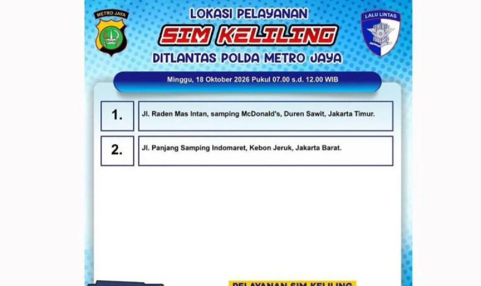 Polda Metro Jaya Buka SIM Keliling di Dua Lokasi Jakarta Minggu 18 Oktober 2026, Ini Jadwal, Syarat, dan Biayanya