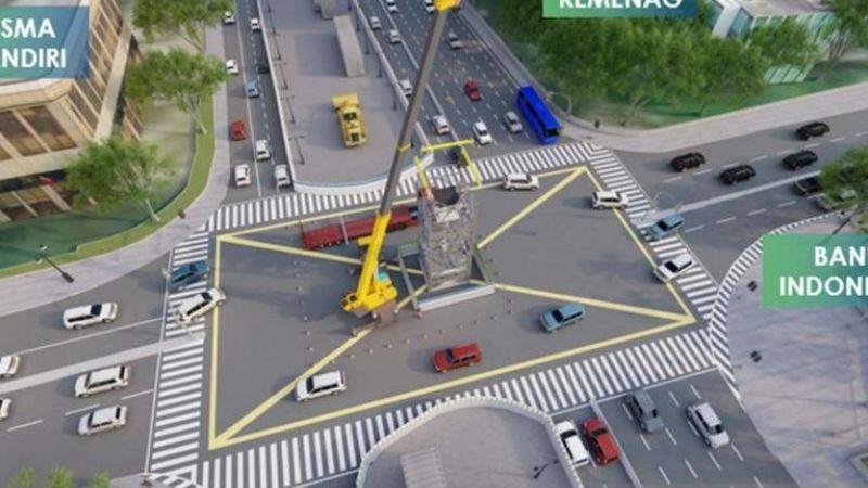 MRT Rekayasa Lalin saat Pindahkan Bagian Bawah Tugu Jam Thamrin