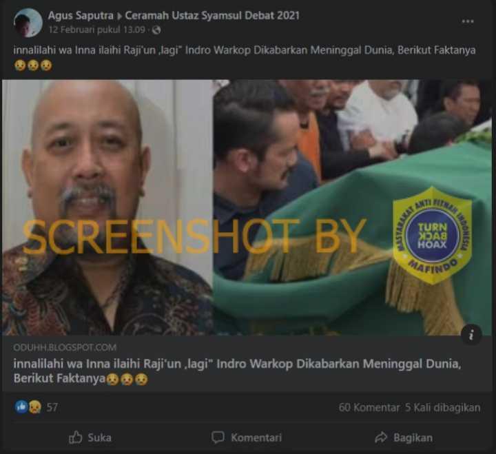 Hoaks: Indro Warkop Meninggal Dunia