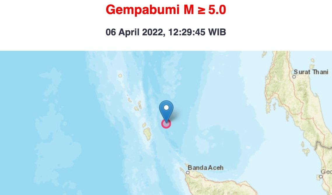 Gempa Magnitudo 5,6 Terasa di Barat Laut Kota Sabang Aceh