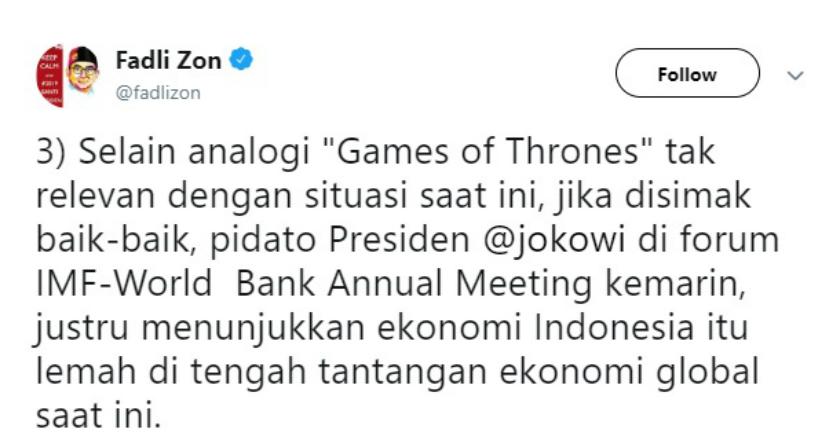 Kritik Pidato Jokowi di IMF-WB, Fadli Zon: Pemimpin Negara yang Lemah