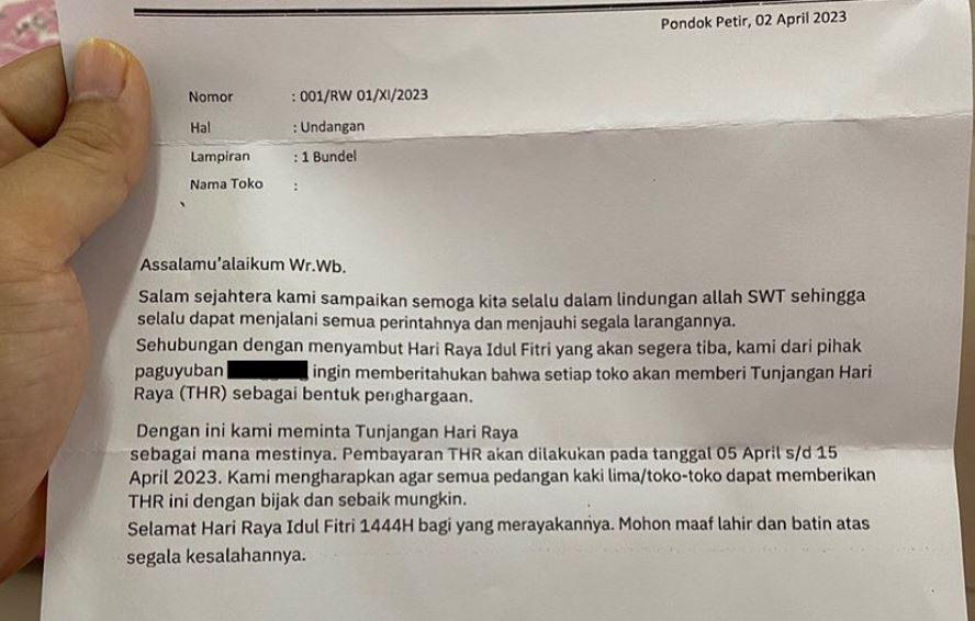 Viral Surat Minta THR Atas Nama Paguyuban di Pondok Petir Depok